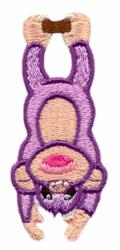 Playful purple monkey hanging upside down with simple features and vibrant colors, perfect for children's decor.