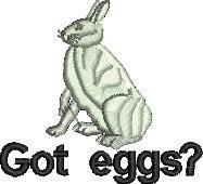 Playful rabbit in white with shading and bold 'Got eggs?' text, perfect for cheerful Easter decor.