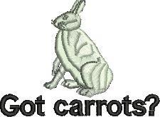 Playful rabbit in soft colors with defined outlines and bold 'Got carrots?' text below, ideal for humorous embroidery.