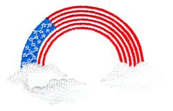 Colorful rainbow with red stripes and blue stars on a cloud background, featuring a playful patriotic theme.