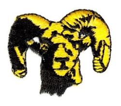 Graphic ram head with curling horns in bold yellow and black, showcasing muscular details.