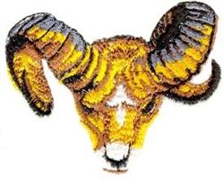 Realistic ram head with vibrant golden fur, curling horns, and expressive eyes, perfect for machine embroidery.
