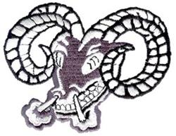 Bold cartoon ram head with fierce expression and spiral horns, surrounded by smoky effects, suitable for dynamic projects.