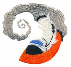 Stylized ram's head in whimsical design with a curled horn, grey fleece, and vibrant orange base.
