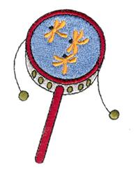 Playful rattle featuring a blue circular center, a vibrant red handle, and bright yellow bows.