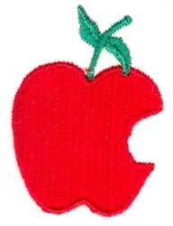 Playful red apple with a bite and a green leaf, perfect for children's items and educational themes.