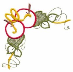 Playful design featuring red apples with yellow stems and green leaves, intertwined with vibrant vines.