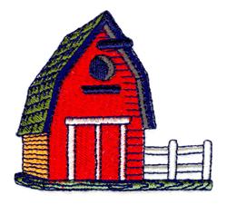 Cheerful cartoon red barn with a green roof and white fence, perfect for playful farm-themed decor.