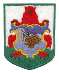 Heraldic design featuring a red bear above a green and white shield with a ship, detailed and emblematic.