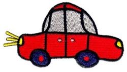 Cartoonish red car with bold black outlines, blue wheels, and bright headlights, perfect for playful embroidery.
