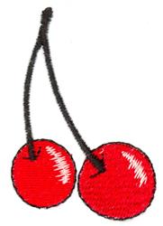 Applique red cherries with a shiny texture and thin black stem, playful design for kitchen use.