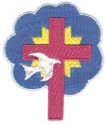 Colorful design featuring a red cross with yellow rays, a white dove, and a soft blue background for Easter.