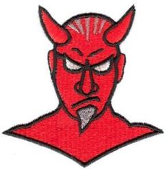 Cartoonish red devil character with horns and serious expression, bold black outline, ideal for Halloween decor.