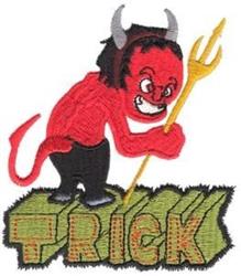 Cartoon red devil character holding a pitchfork and the word 'TRICK' in vibrant colors, perfect for Halloween.