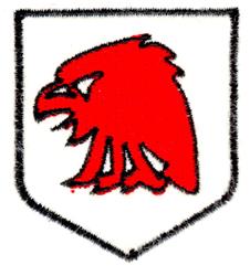 Bold red hawk head with black outline, enclosed in shield shape on a white background. Ideal for sports apparel.