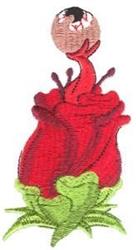 Colorful rose applique featuring a vibrant red flower with lush green leaves and a charming bead accent.