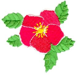 Vibrant red rose with yellow center, surrounded by lush green leaves in applique style.