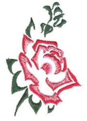 Traditional floral embroidery featuring a detailed red rose with gradient hues and green leaves.