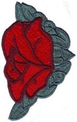 Realistic red rose with detailed petals and rich texture, surrounded by contrasting green leaves in lush design.