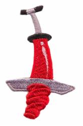 Cartoon sword with a vibrant red handle, sleek silver blade, and a black grip, perfect for fantasy themes.