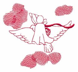 Redwork angel figure in flight with flowing robes and delicate expression, surrounded by soft clouds.
