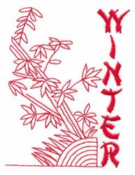 Redwork bamboo plants with elongated leaves and bold 'WINTER' text, featuring a sunrising arc, in striking red.