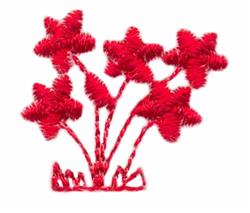 Redwork bouquet of five bright star-shaped flowers with textured petals and slender green stems.