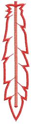 Redwork feather with sharp angular outline and elongated shape in modern red stitching, set against a plain background.
