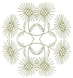 Redwork floral design featuring intricate blooms and geometric circles in fresh green hues.