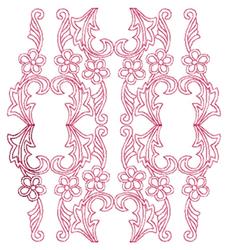 Redwork floral design featuring intricate swirling vines and symmetrical floral motifs in rich red on white.