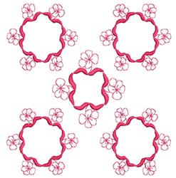 Redwork floral frame with playful bright pink outlines, lighter flowers, and symmetrical patterned design.