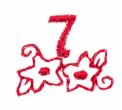 Redwork number '7' with bold outlines, surrounded by playful white flowers and swirling elements.