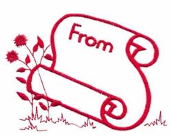 Redwork scroll with 'From' text in minimalist line art style, surrounded by simple floral elements in red.
