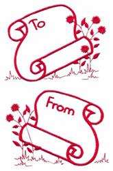 Redwork scroll gift tag with 'To' and 'From' text, adorned with colorful flowers and grass for a festive holiday look.