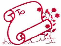 Redwork scroll displaying 'To' surrounded by cheerful red flowers and green grass, in a simple and playful design.