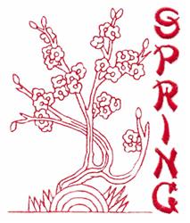 Redwork tree with blossoms entwined with 'SPRING', featuring minimalist style, colorful flowers, and a rainbow arc.