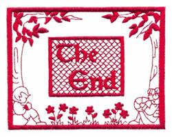 Redwork 'The End' design featuring two children sitting under trees, with flowers and a red border.