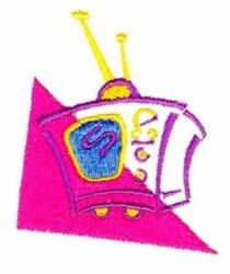 Retro television set with bright yellow antennas on a pink geometric shape, playful and colorful style.