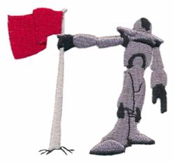 Playful cartoon robotic figure in gray holding a vibrant red flag, perfect for kids' embroidery projects.