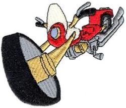 Cartoon rocket in red and gray colors, angled upward with a dynamic black spotlight, suitable for kids.