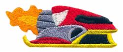 Cartoon rocket in red and yellow with orange flames, detailed gray features, perfect for kids' apparel.