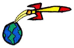 Colorful rocket launching with a yellow flame towards a vibrant blue and green earth, playful design.