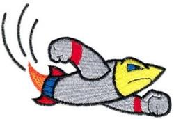 Rocket-powered character with a yellow bird-like head, gray body, red accents, and blue stripes in a playful cartoon style.