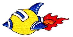 Playful rocket ship in vibrant yellow with blue accents and red flames, ideal for child-friendly projects.