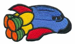 Colorful rocket ship with a blue body, red fins, and vibrant yellow and green boosters, perfect for kids.