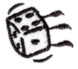 Playful rolling die with black outlines and white faces, featuring classic dot patterns.