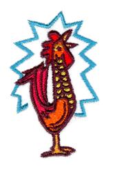 Colorful rooster in vibrant red and yellow against a blue starburst background, ideal for playful home decor.