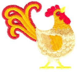 Colorful rooster with a red comb and yellow body, featuring whimsical feathers in this charming design.