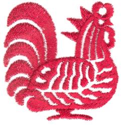 Bold red rooster silhouette with curved lines and feather patterns, perfect for vibrant embroidery.