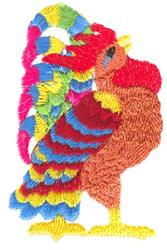 Colorful rooster with intricate feathers and a distinctive crest, showcasing vibrant red, blue, and yellow hues.